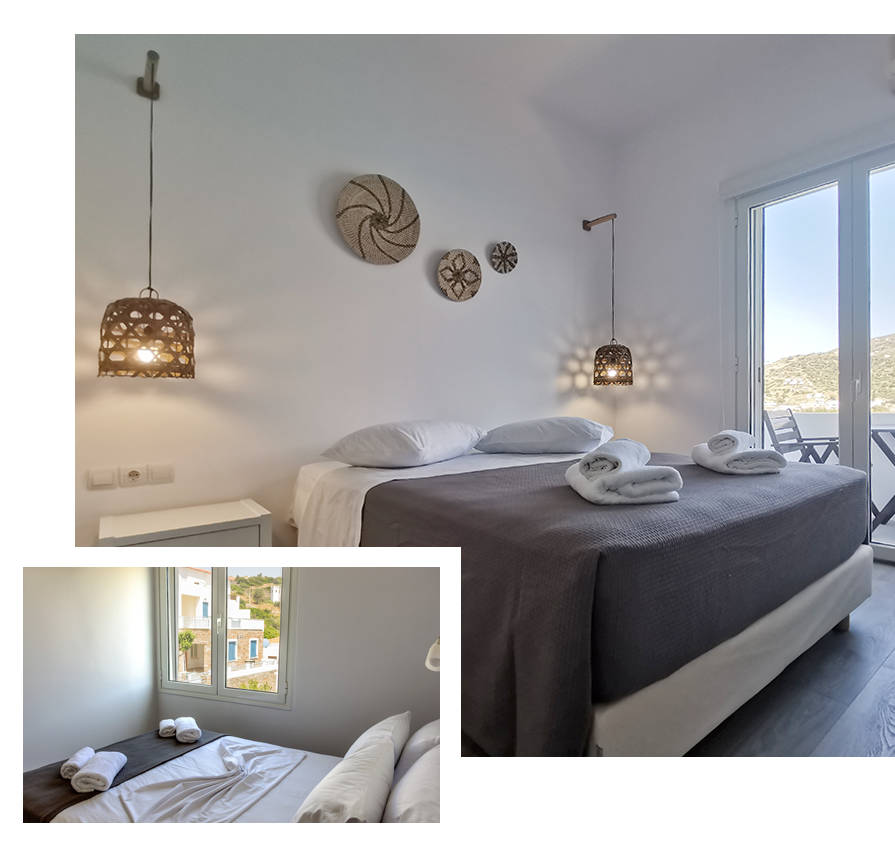 Spacious four-bed room with a view of the sea and Batsi of Andros