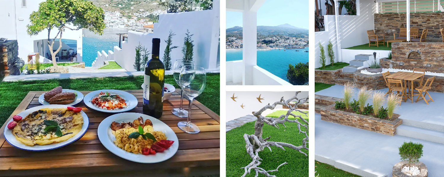 Enjoy our garden with a view of the sea and Batsi of Adros